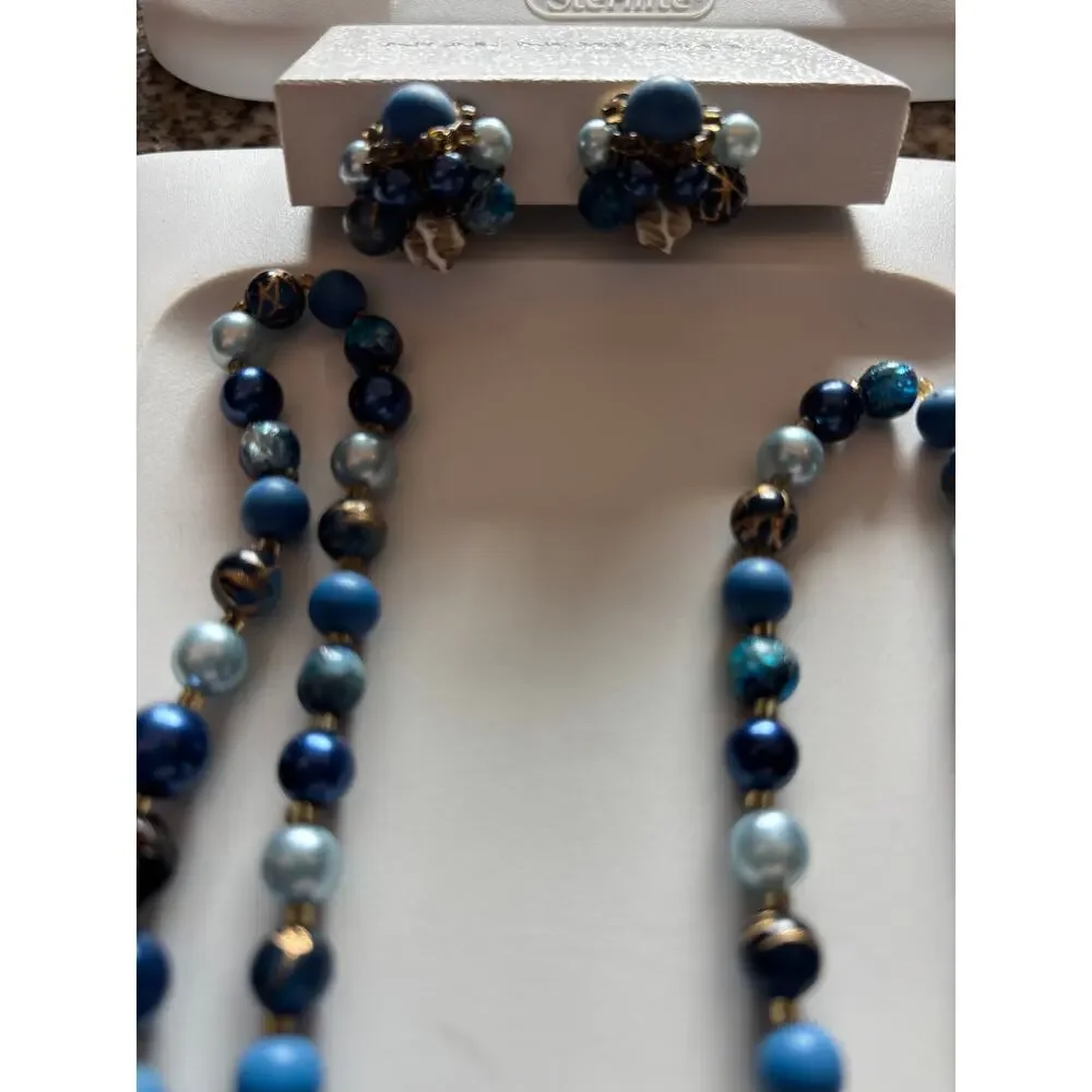 Vintage Japan Necklace and Earrings Lot 2 Blue Multi Color Gold Venetian Glass